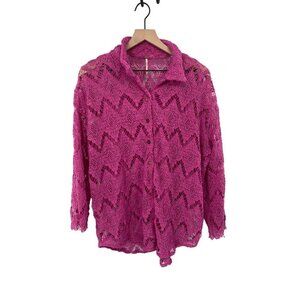 FREE PEOPLE OPEN KNIT CROCHET BUTTON FRONT SWEATER COLLAR SIZE XL